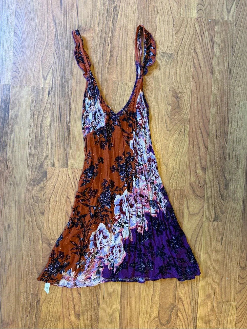 Free People Intimately Lauria Floral Dress In Terra Cotta Sz S Rust and Purple